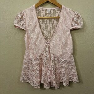 Pink Lace Dainty Babydoll Top Sheer Cap Sleeves Coquette Fairy Flowy Cute Size L